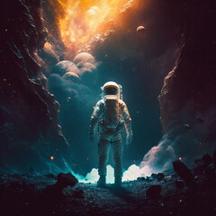 Fototapeta premium A stunning illustration of an astronaut in a suit exploring the depths of space, surrounded by magnificent breathtaking deep space imagery. Ai generated