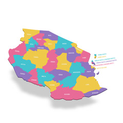 Tanzania political map of administrative divisions - regions. 3D colorful vector map with name labels.