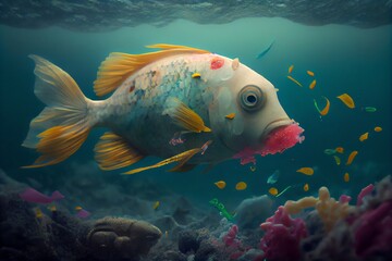 sea pollution with fish eating plastic. Generative AI