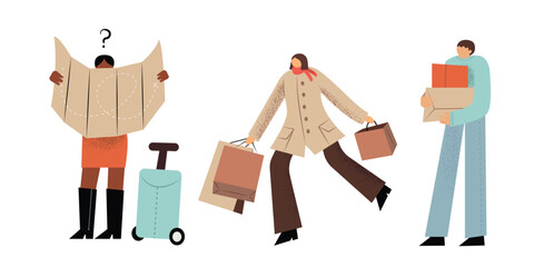 Set with three diverse people, tourist lady with map, woman with shopping bags and man caring boxes. Isolated vector illustration