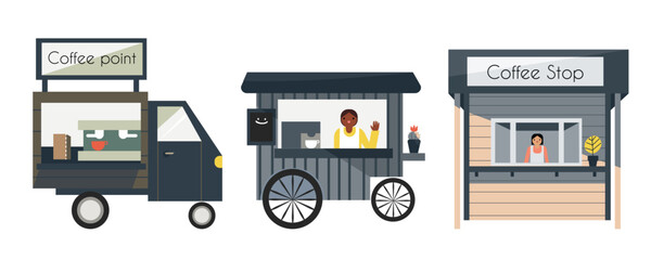 Set with three coffee shops, cafe truck or lorry, and cafeteria booths for coffee on the go. Isolated vector illustration