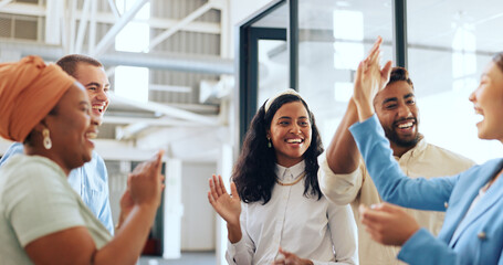 High five, business team and diversity of staff with collaboration, team building and meeting. Success, support and happy teamwork in a office workshop with motivation and happiness celebration