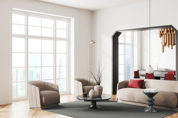 Corner view on bright living room interior with arch, sofa