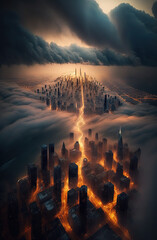 City, aerial view, fog, stunning lights, epic clouds. Generative AI.