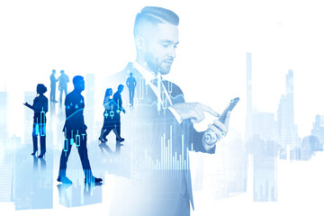 Teamwork in business company, diagrams and businessman with phone