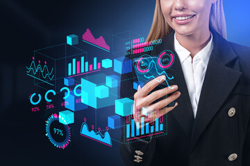 Businesswoman with smartphone, metaverse hologram with big business data