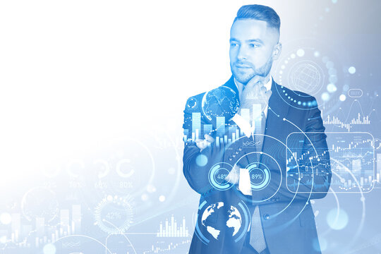 Pensive businessman, graph chart with lines and diagram. Copy space