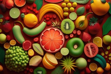 Fototapeta na wymiar Collage of fruits in juicy shades