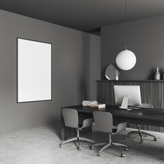 Corner view on dark office interior with empty white canvas