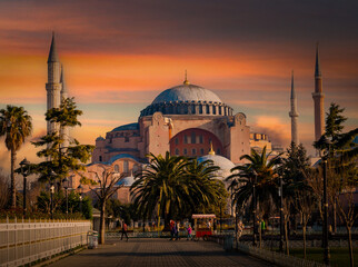 Beautiful view on Hagia Sophia in Istanbul, sunset time. Turkey.