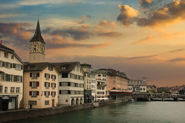 Cityscape of Zurich, Switzerland during a dramatic sunset.