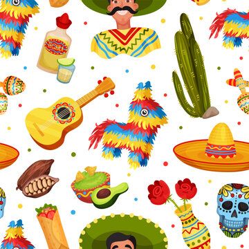 Ethnic Mexican Symbols Seamless Pattern Design with Traditional Objects Vector Template
