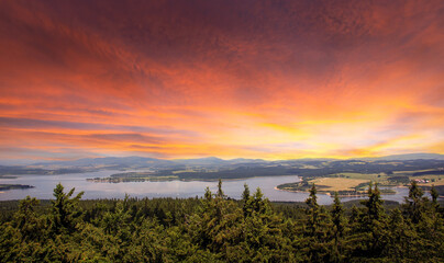 Sunset landscape at Lipno lake, Sumava National Park, Southern Bohemia, Czechia.