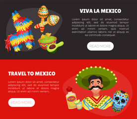 Ethnic Mexican Symbols Banner Design with Traditional Objects Vector Template