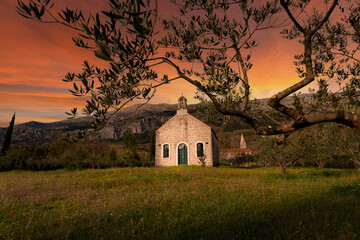 Old church of the Most Holy Trinity in village Pridvorje near Dubrovnik. Konavle region. Croatia.