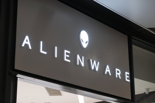 Shanghai,China-Oct. 23rd 2022: close up ALIENWARE store brand logo. Gaming computer brand