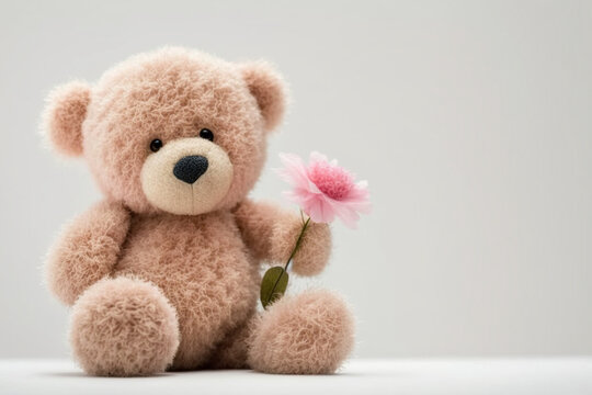 Cute teddy bear holding a pink flower. Generative ai
