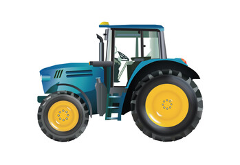 detailed, side view vector illustration of a modern blue farm tractor with large black and yellow wheels, isolated on a white background with a shadow