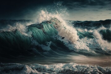 Shot taken vertically of waves lapping near the coast. Generative AI - obrazy, fototapety, plakaty