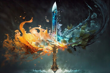 Beautiful magical fantasy sword of the elements, fire, water, earth, air, Generative AI