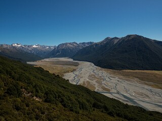 Alpine mountain valley landscape with braided river Waimakariri, Bealey Spur Track, Arthurs Pass,...