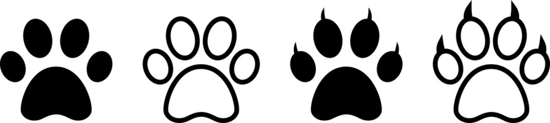 Paw print set. Vector paw print icons. Dog, cat, bear, paw silhouette on transparent background. PNG image - obrazy, fototapety, plakaty