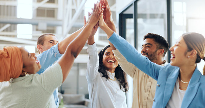Business people, diversity or high five in teamwork success, advertising goals or team building in marketing modern office. Smile, happy or collaboration hands gesture, creative designer men or women