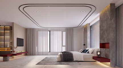 3d rendering,3d illustration, Interior Scene and  Mockup,bedroom interior design,furniture red color design.