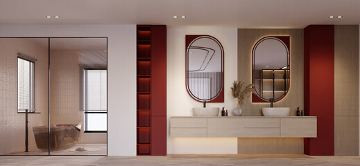 3d rendering,3d illustration, Interior Scene and  Mockup,bedroom interior design,furniture red color design.