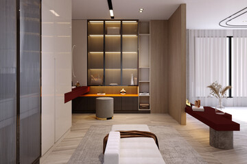 3d rendering,3d illustration, Interior Scene and  Mockup,bedroom interior design,furniture red color design.