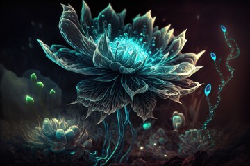 Fototapeta na wymiar Fantastic bioluminescent unicellular algae. Beautiful, fantasy background. Generative AI.