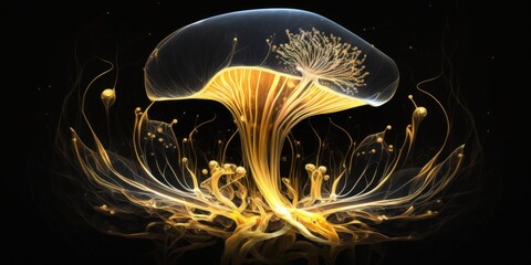 Fantastic bioluminescent micro organisms. Beautiful, fantasy background. Generative AI.