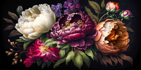 Peonies flowers in rich deep colors ,Baroque flowers, generative ai