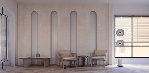 3d rendering,3d illustration, Interior Scene and  Mockup,armchairs and walls decorate the room.