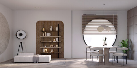 3d rendering,3d illustration, Interior Scene and  Mockup,dinning room in the mock up,white wall.