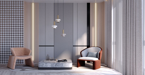 3d rendering,3d illustration, Interior Scene and  Mockup,armchairs and walls decorate the room.