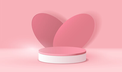 Love happy valentines day design. Red and white cylinder pedestal podium with paper cut heart shape background. Valentine pink minimal scene for display and presentation products. Vector studio.
