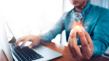 Businessmen show the bulb inspired by innovative business idea, innovation energy and performance of analysis for business marketing online digital technology to performing quality and best product.