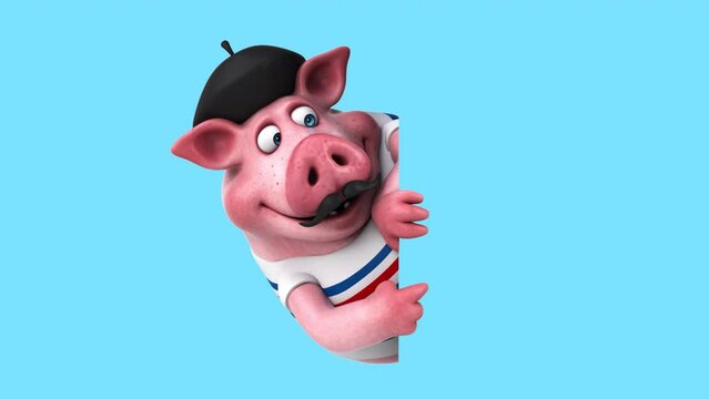 Fun 3D cartoon french pig with a sign (with alpha channel)