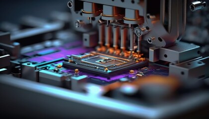 Close-up macro shot of an electronic factory machine at work assembling a printed circuit board using an automated robotic arm, with the microchip mounting technology placed on the motherboard.