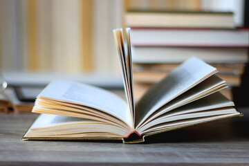 Stack of books on the table, reading glasses and e-reader on the table. Bookshelf in the background. Selective focus.