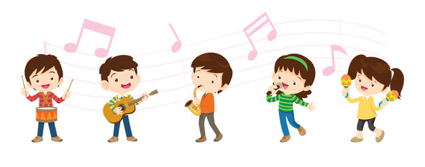 Play music concept of children group.Cartoon dancing kids and kids with musical instruments.cute child musician various actions playing music