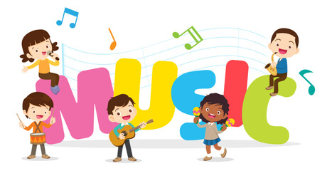 Play music concept of children group.Cartoon dancing kids and kids with musical instruments.cute child musician various actions playing music