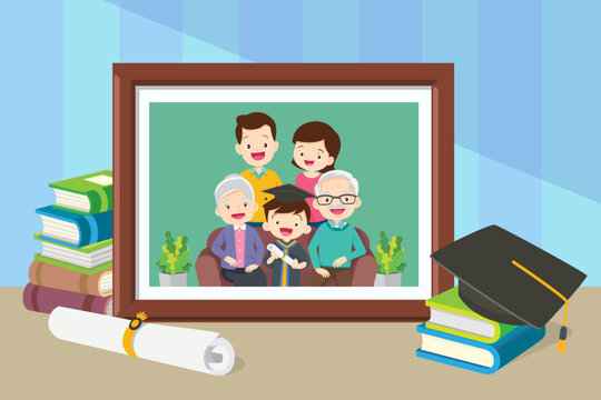 Graduation student boy Happy in photo frame with family