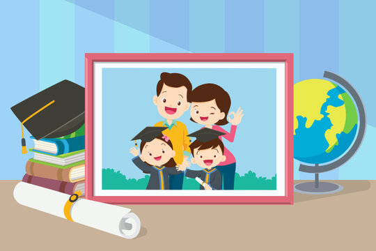 Graduation student and Happy family photo frame with cap,diploma