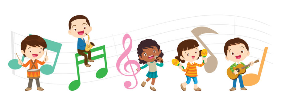 Play music concept of children group.Cartoon dancing kids and kids with musical instruments.cute child musician various actions playing music
