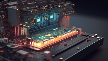 Close-up macro shot of an electronic factory machine at work assembling a printed circuit board using an automated robotic arm, with the microchip mounting technology placed on the motherboard.