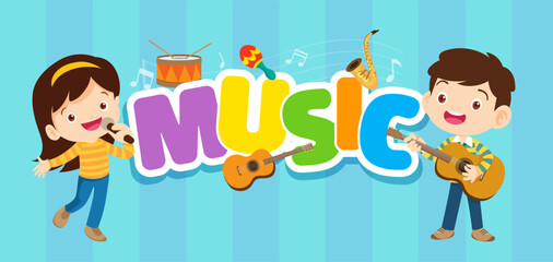 Fototapeta na wymiar Play music concept of children group.Cartoon dancing kids and kids with musical instruments.cute child musician various actions playing music