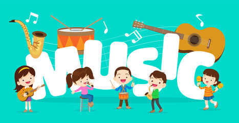 Play music concept of children group.Cartoon dancing kids and kids with musical instruments.cute child musician various actions playing music