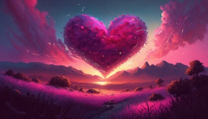 Naklejka na ściany i meble Valentine pink nature landscape cloud of love created with Generative AI technology